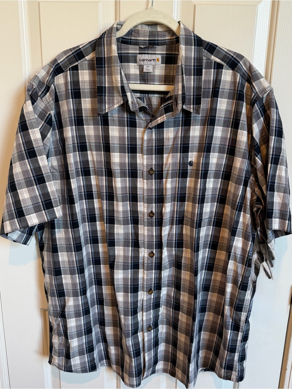 EUC Carhartt Men's Black & Gray Plaid Short-Sleeve Button-Up Shirt 💯 Cotton